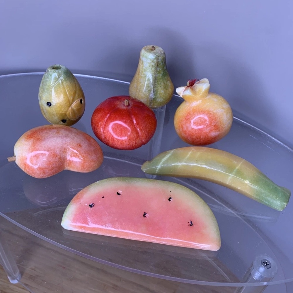 Carved Stone Fruit Decor - Watermelon, Banana, Mango, Pear Set